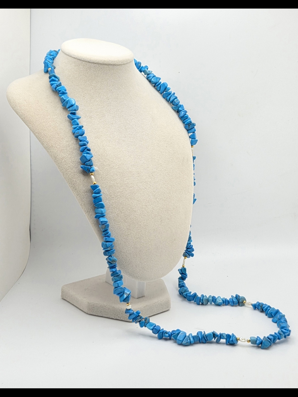 VIBRANT TURQUOISE CHIP & PEARL ENDLESS NECKLACE - 31"